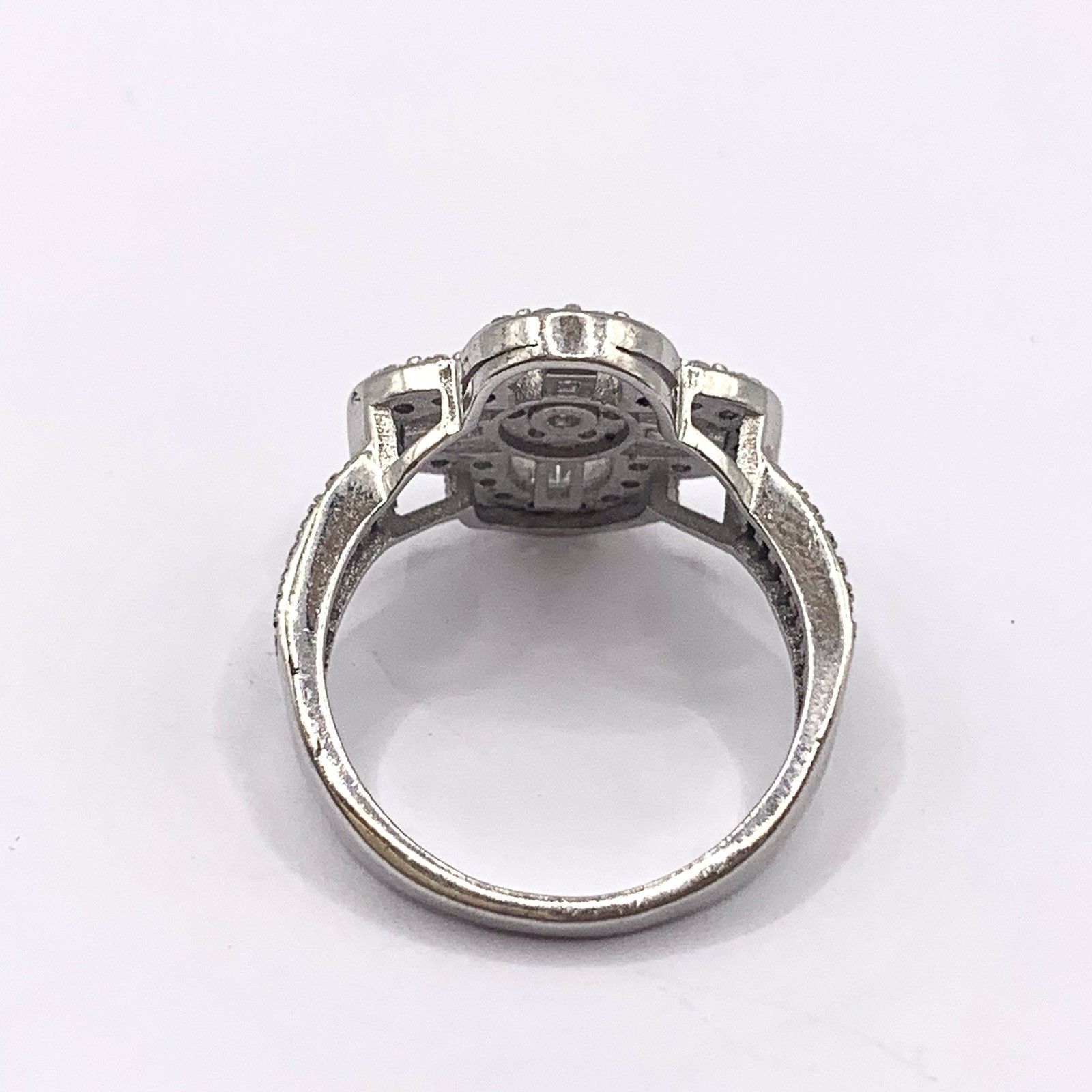 CZ Cluster 925 Sterling Silver Ring Ornate Flower Round Baguette Cut – Size P