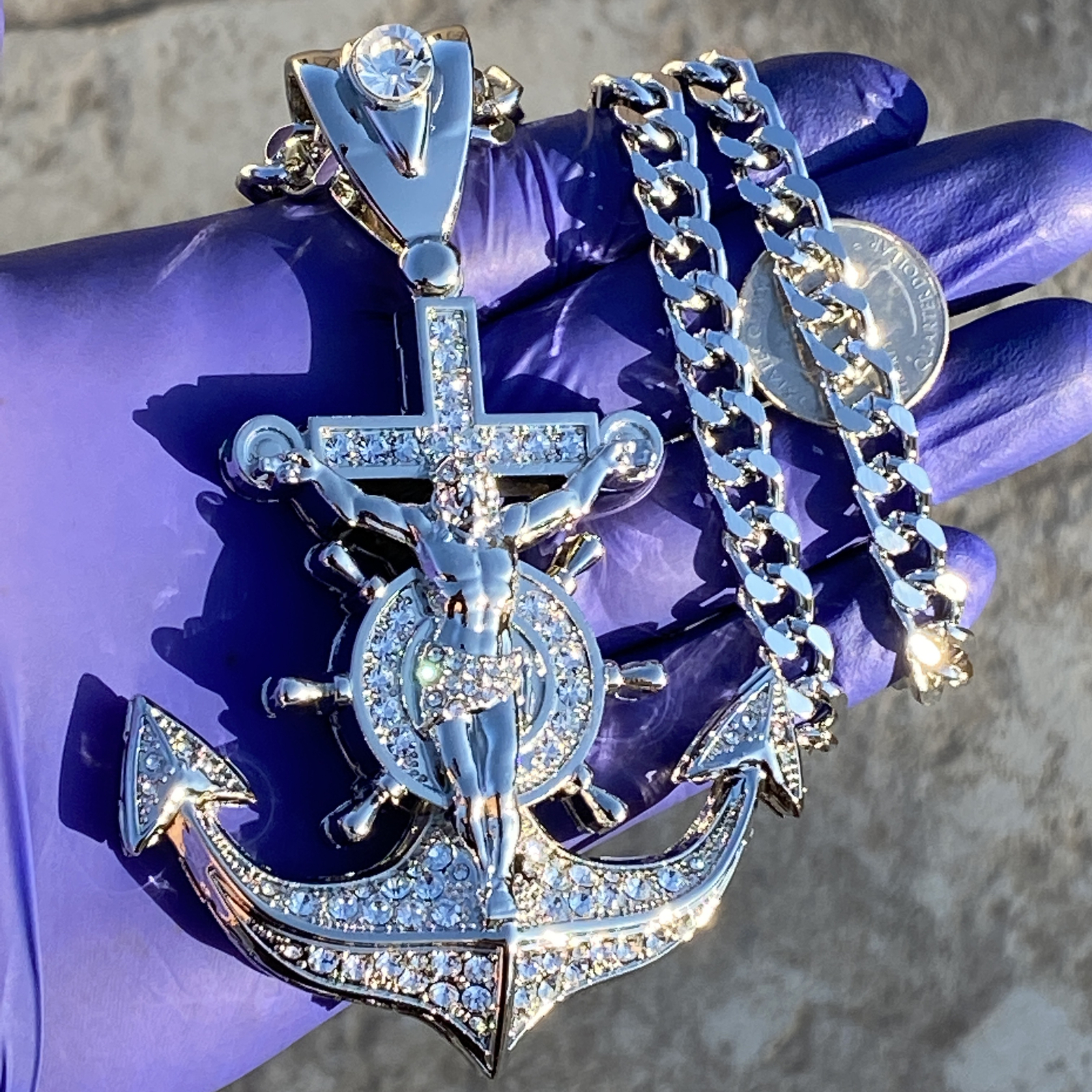 Mens Huge Large Mariners Cross Jesus Anchor Cuban Hip Hop Chain Silver Tone 30″