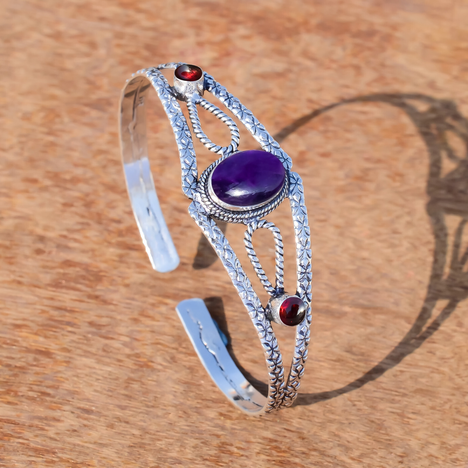 Purple Amethyst & Garnet Gemstone 925 Sterling Silver Bracelet For 1st Time Gift