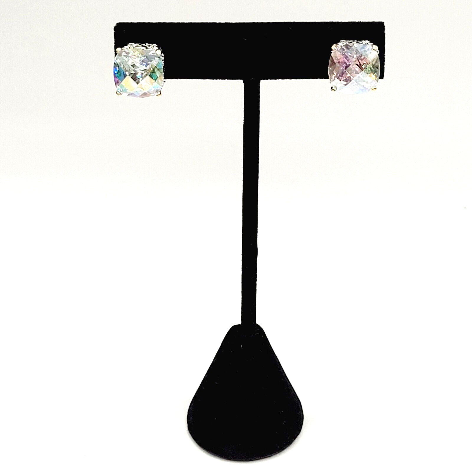 Modern Rainbow AB Crystal Square Stud Two Tone Ornate Frame Pierced Earrings