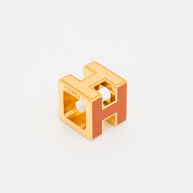 HERMES Cage d’H Cube Pendant Top Charm Orange Lacquer Gold Tone Auth No Chain