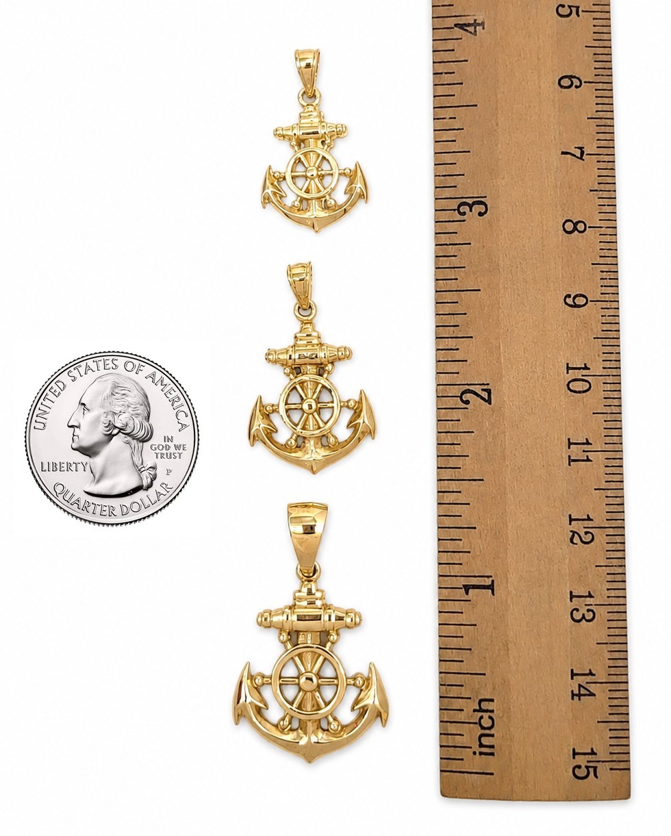 Solid 14K Yellow Gold Mens Anchor Pendant Nautical Ship Wheel Marine Charm