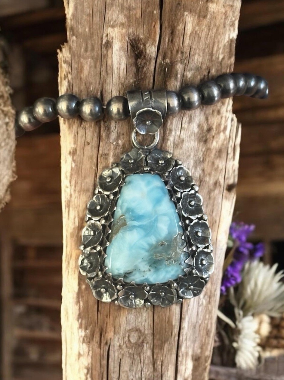 Larimar Sterling Silver Floral Pendant Handmade Southwestern Artisan 1.75”