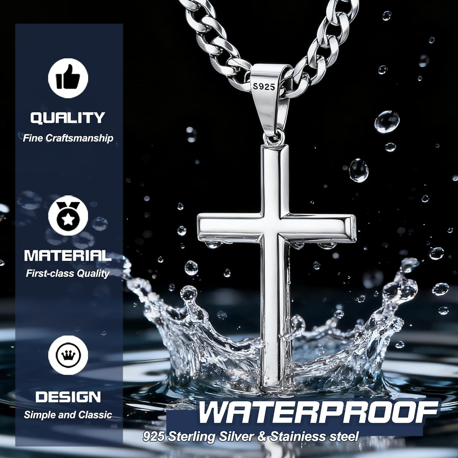 925 Sterling Silver Cross Necklace Beveled Edge for Men Women 5Mm Stainless Stee