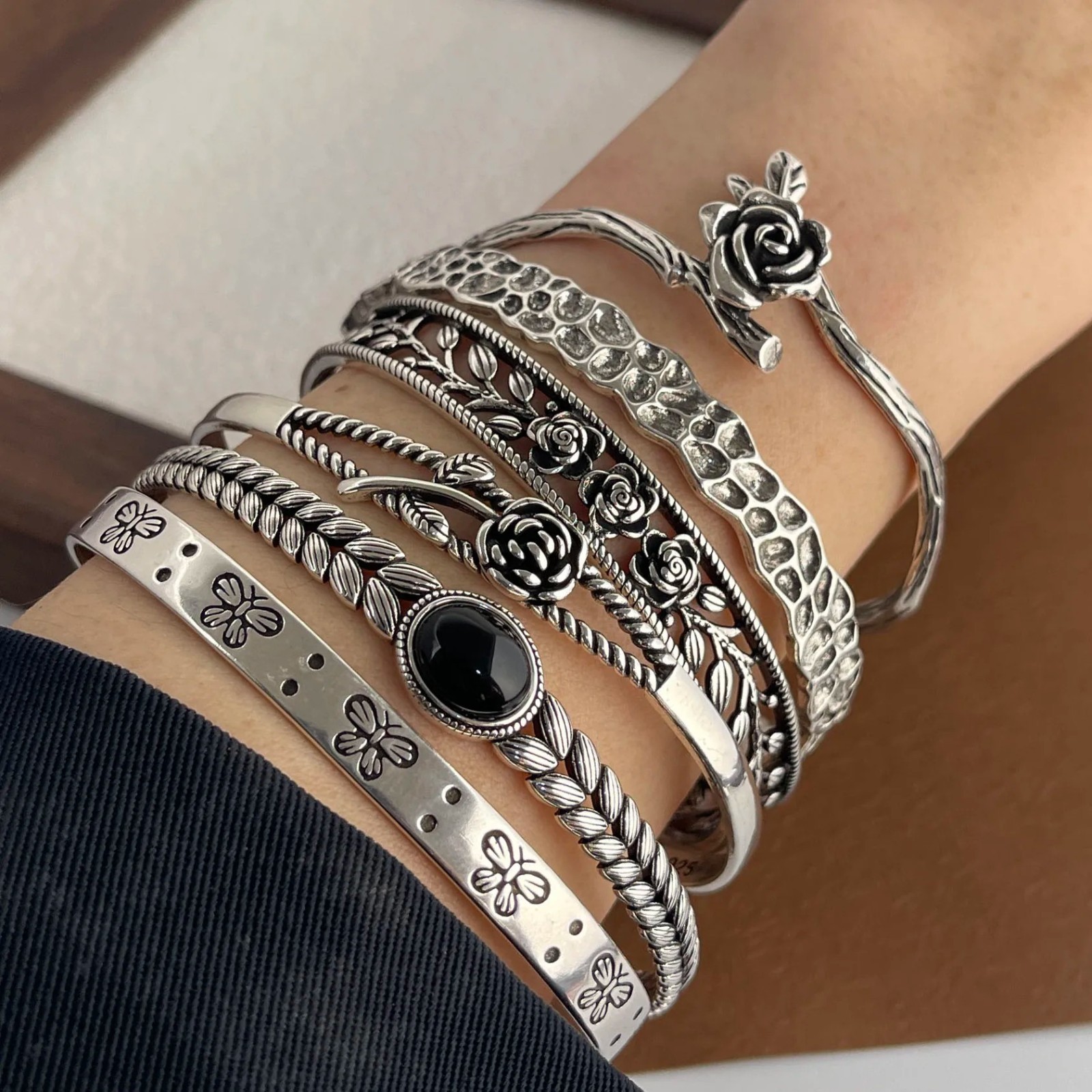 Vintage Flower Retro Rose Cuff Bangle Set Sterling Silver Women Jewelle Bracelet
