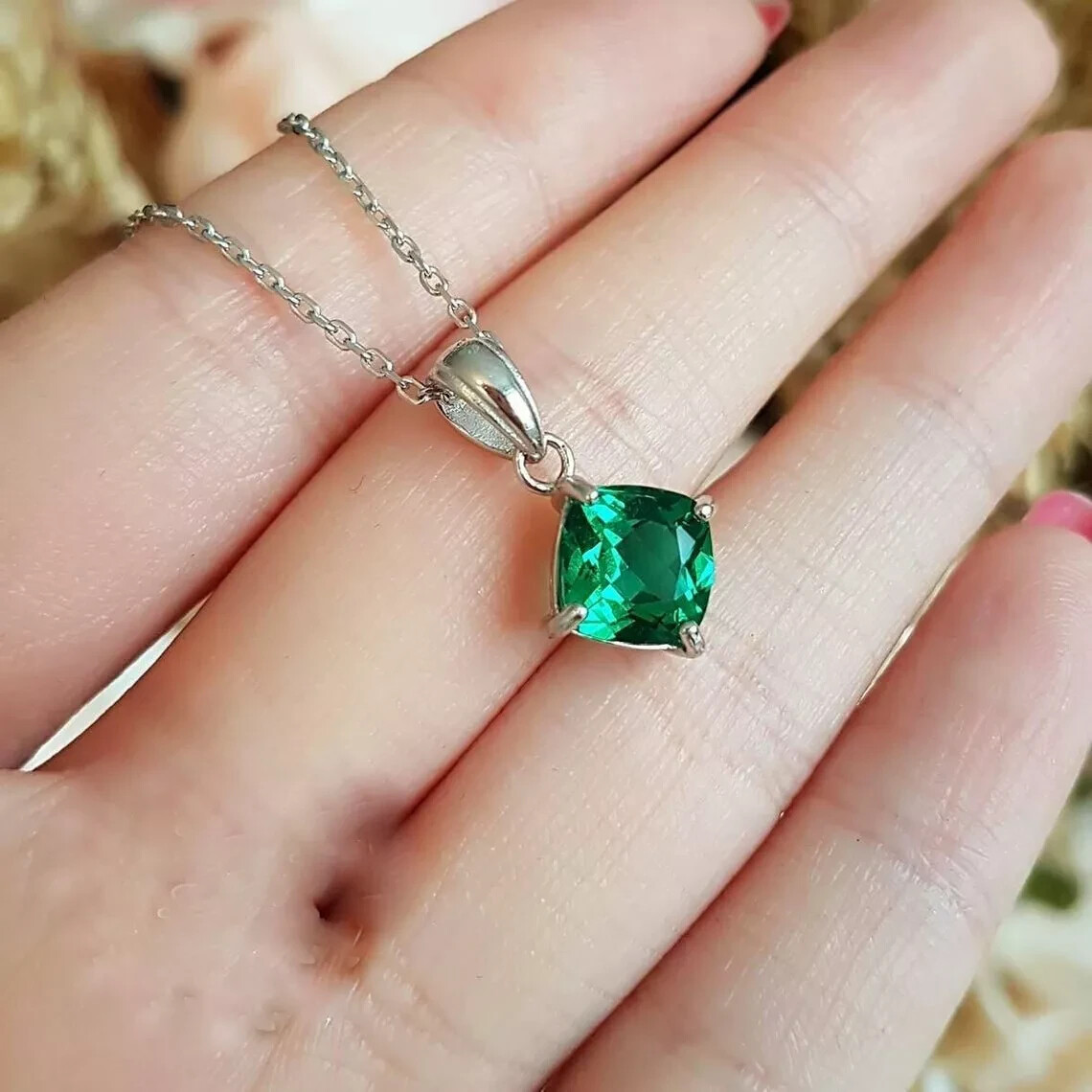 2 CT Cushion Solitaire Green Emerald Pendant With Free Chain 14K White Gold FN