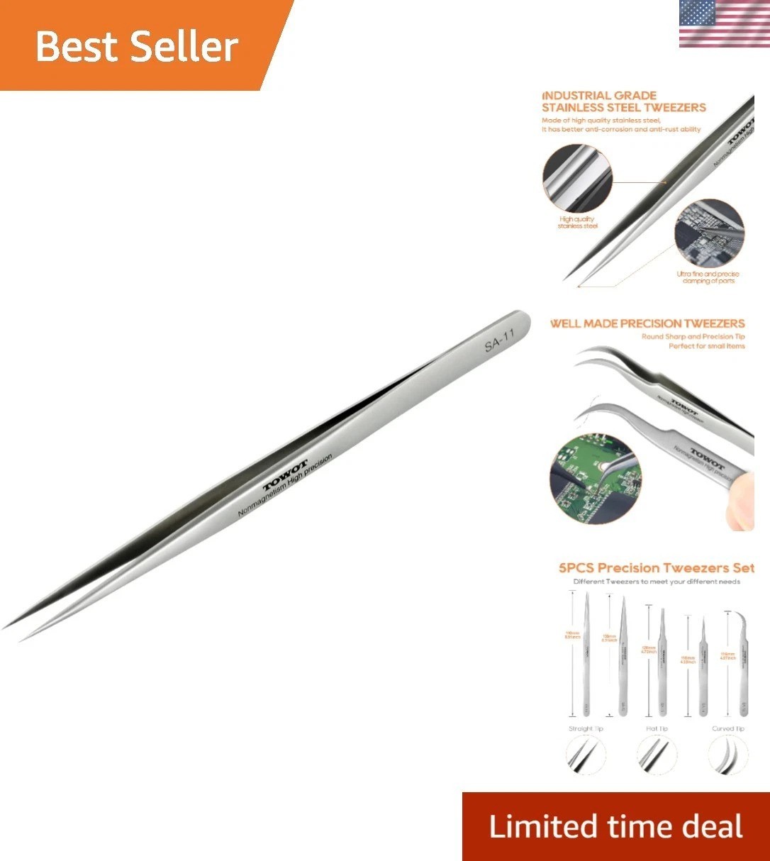 Precision Stainless Steel Tweezers – 5.55″ Long Fine Tip for Crafts & Repairs