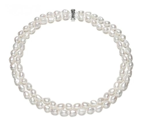 8-9mm Double Strand White Freshwater Cultured Pearl Necklace 18″