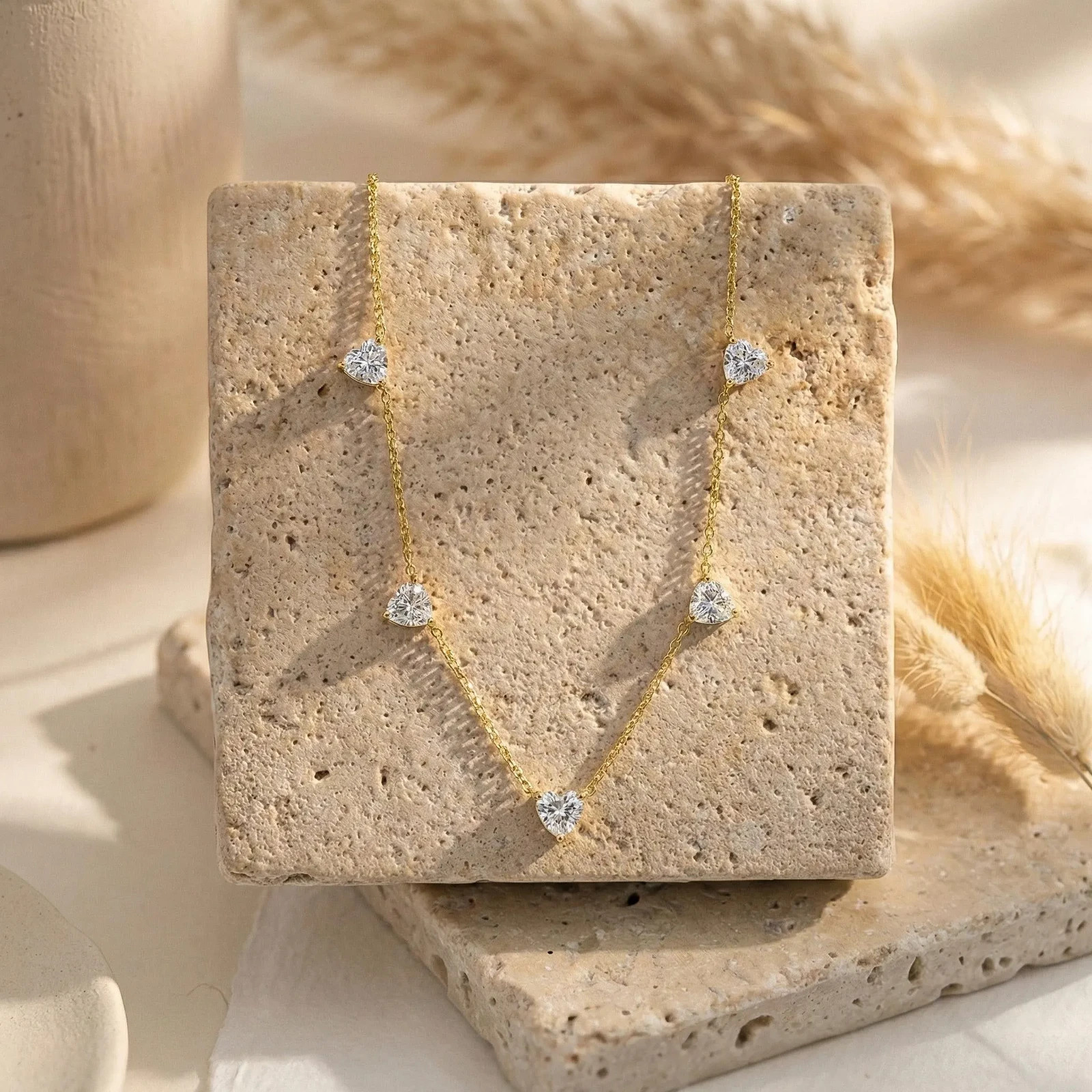 Moissanite Station Necklace for Women, Yellow Gold Plated Heart Cut Chain