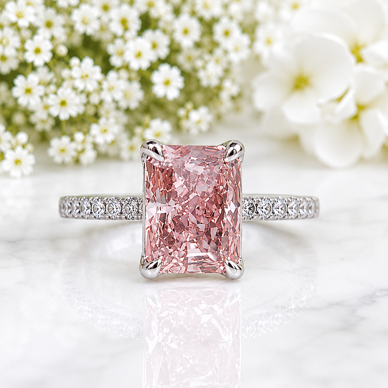 Fancy Vivid Pink IGI Lab Created Diamond Ring 18k White Gold 3.75 Ct Radiant Cut