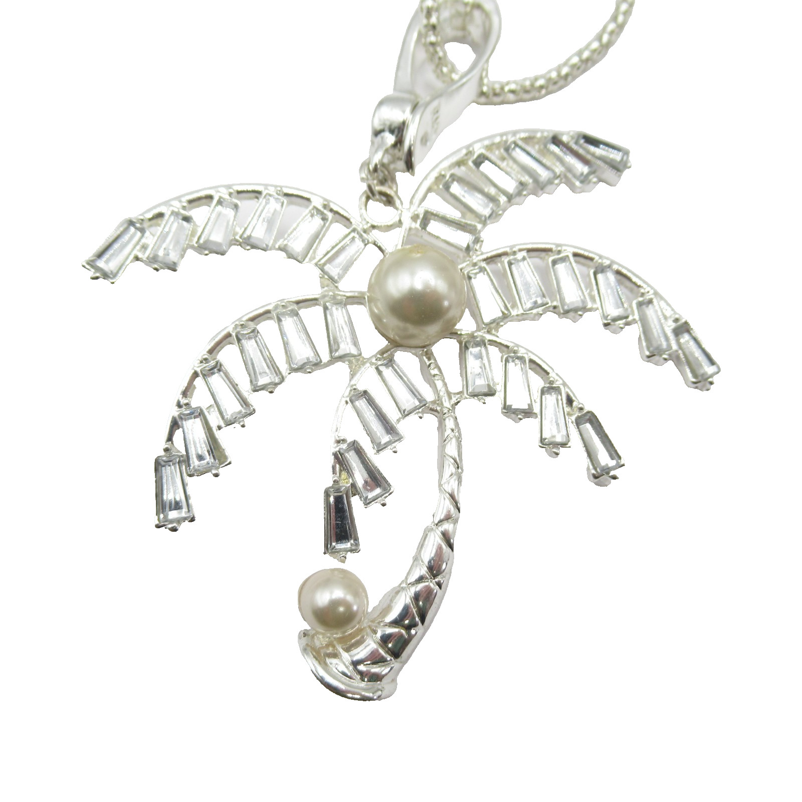 Silver tone Palm Tree w Faux Rhinestones and Faux Pearl Necklace Modern