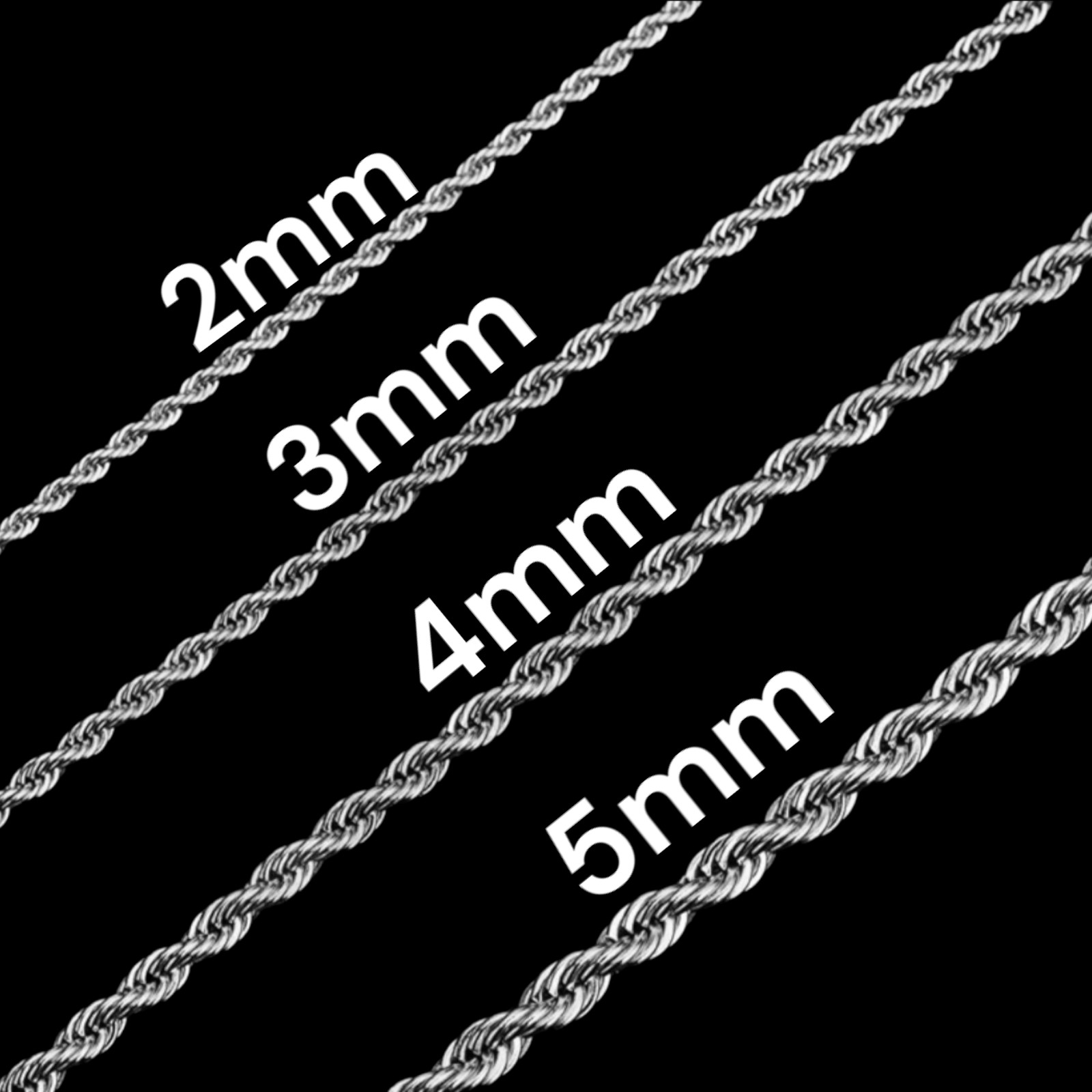 Stainless Steel Rope Chain 2, 3, 4, 5mm Hip Hop Jewelry Unisex, Men, Women