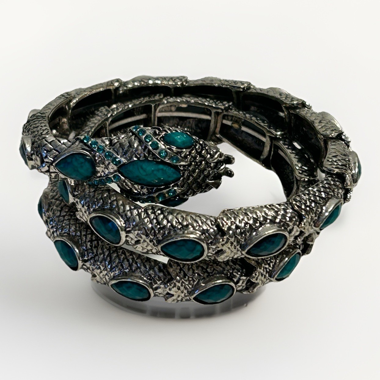 Snake Shaped Silver Tone Round Bracelets W/tuquse Stones Stretchable