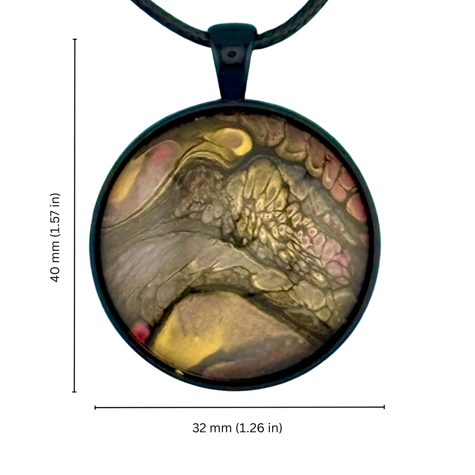 Pendant Necklace Handmade “Volcano Mountain” Black Bezel 30mm Black Cord