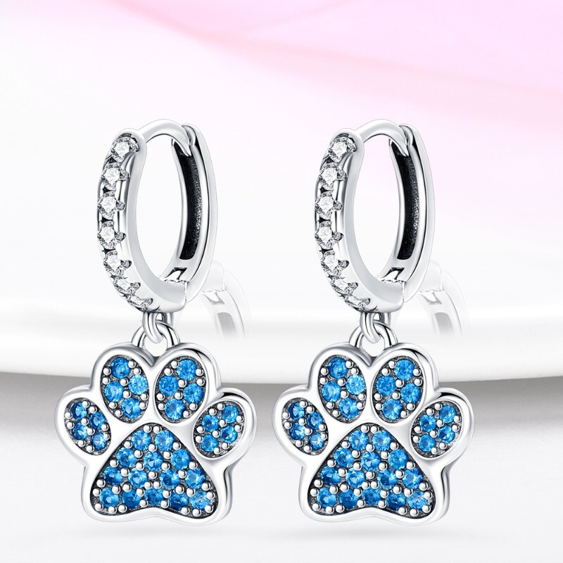 KUNSIR 925 Sterling Silver Blue Mini Paw Drop Hoop Earrings For Women Jewelry