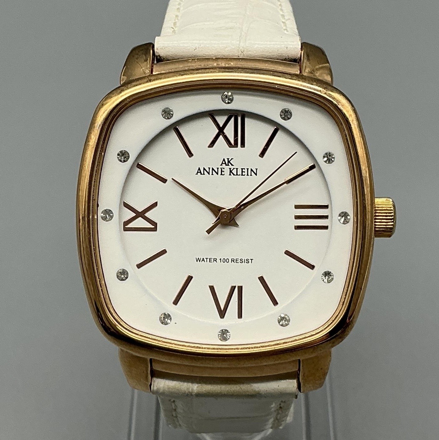 Anne Klein Womens Watch 35mm White Dial Gold Tone White Leather New Battery