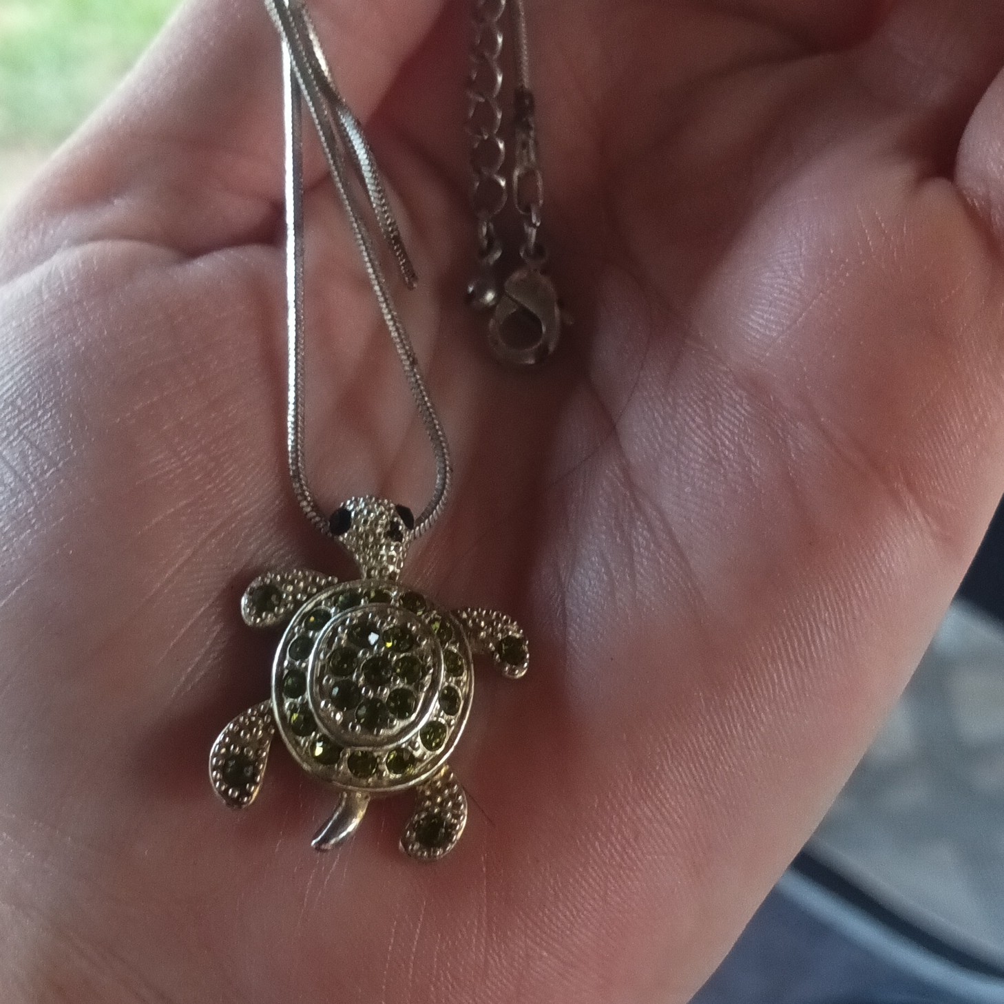 Gold Tone Green Crystal Turtle Charm Pendant Necklace, Snake Chain, Lobster