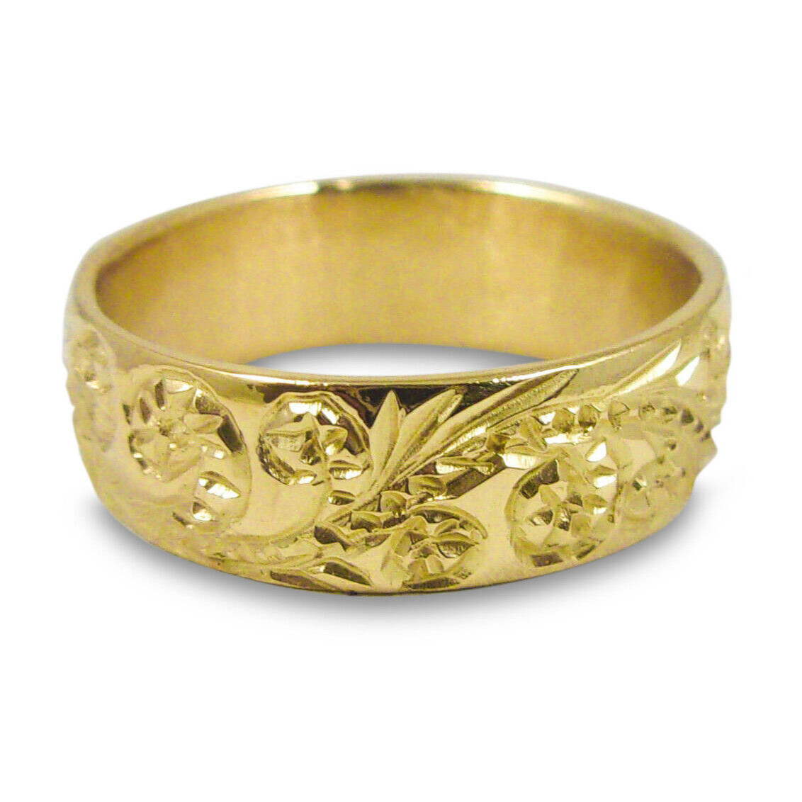 Solid 14K Women’s Yellow Gold Hand Engraved Hawaiian Scroll Ring 6mm Gold Band