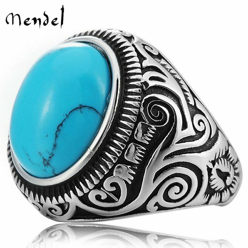 MENDEL Mens Oval Turquoise Stone Ring Men Stainless Steel Size 7 8-15