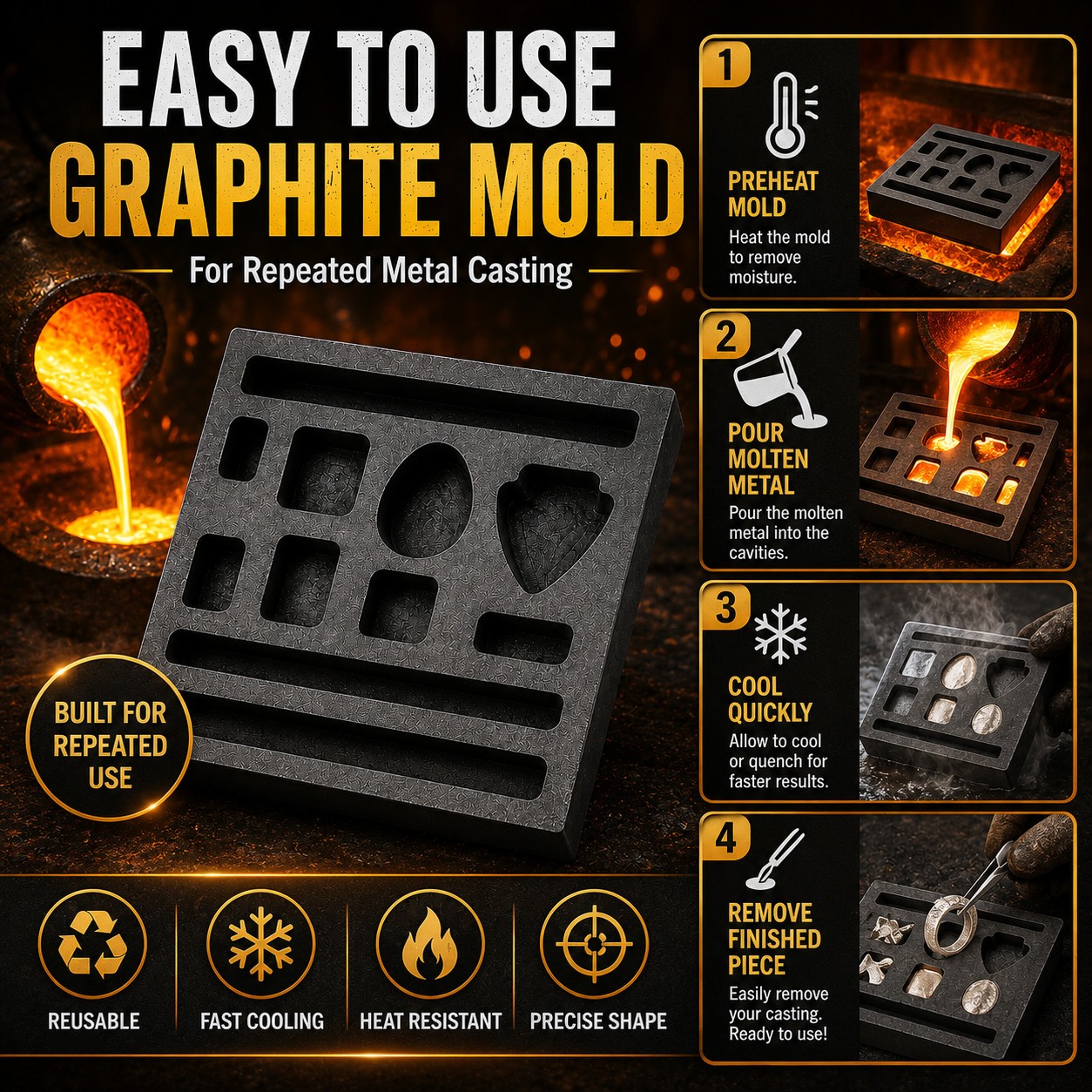 Graphite Ingot Mold 4x4in 11 Cavities Gold Bar Coin Scrap Metal Casting Tool Set
