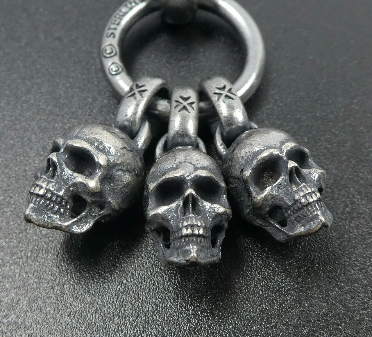 Black Silver Three Skulls on Ring Pendant Men Gothic Biker