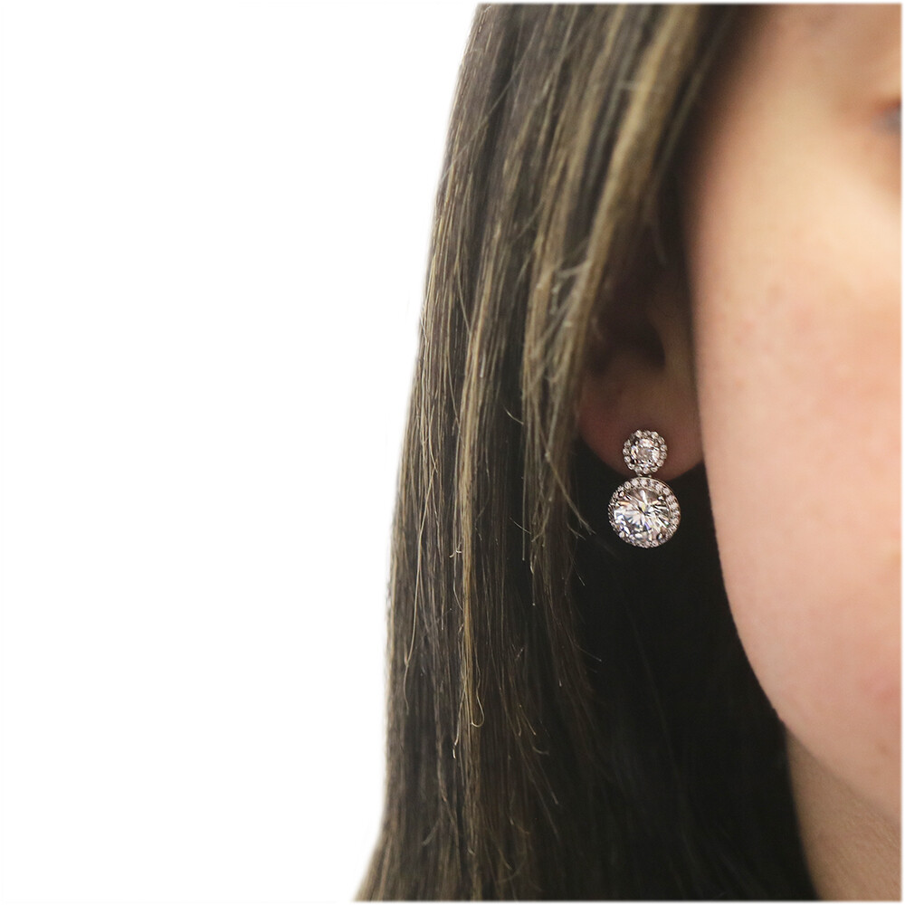 925 Sterling Silver CZ Round Cut Double Halo Drop Stud Earrings For Women