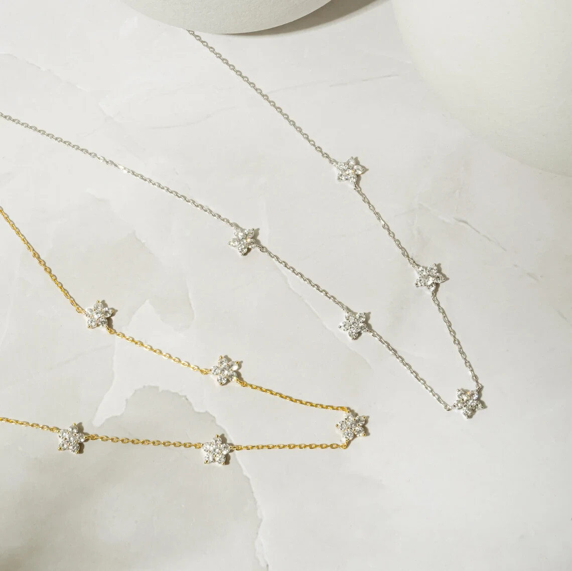 1.70Ct Round Natural Diamond Flower Station Necklace 14k Yellow Gold With Chain