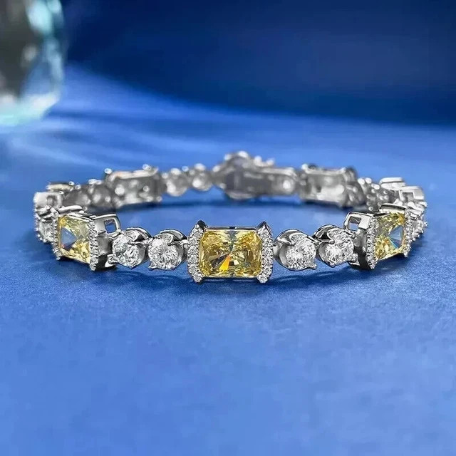 21ct Emerald Sim Canary Yellow Citrine Tennis link Bracelet White Gold Plated