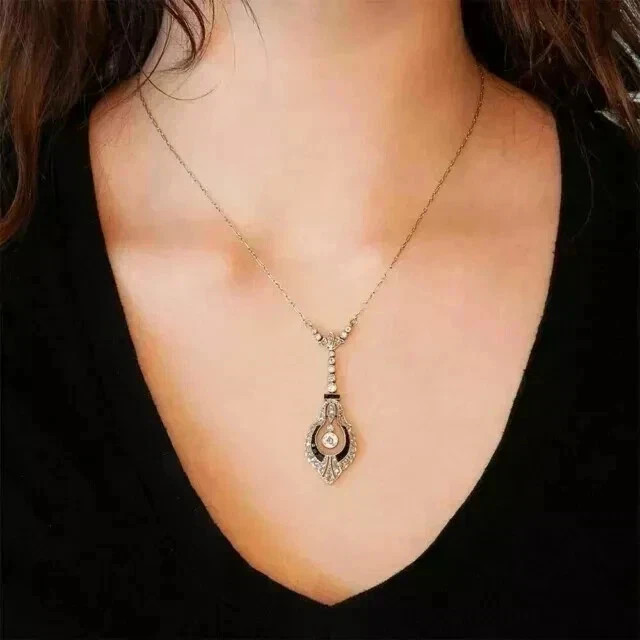 2Ct Real Moissanite Round Cut Art Deco Pendant 14K White Gold Plated 18 Chain
