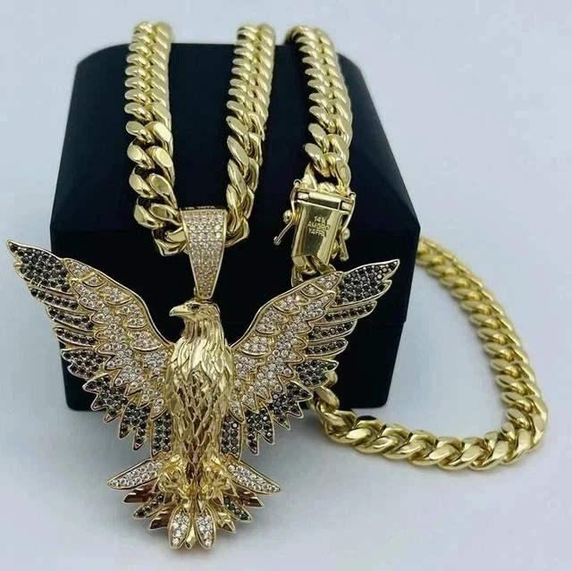 Men’s 3Ct Round Cut Real Moissanite Winged Eagle Pendant 14k Yellow Gold Plated