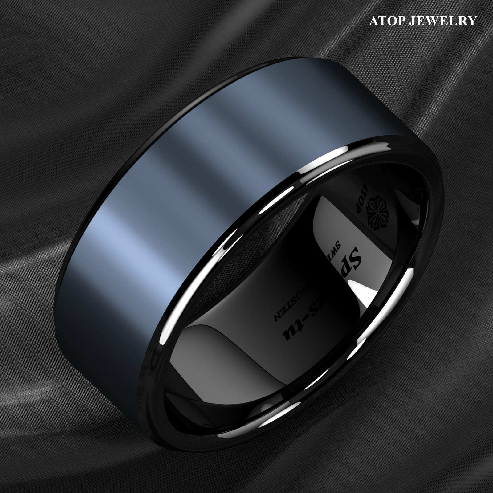 Black Tungsten Carbide Ring Sea Blue Brushed Center Bridal Band ATOP Men Jewelry