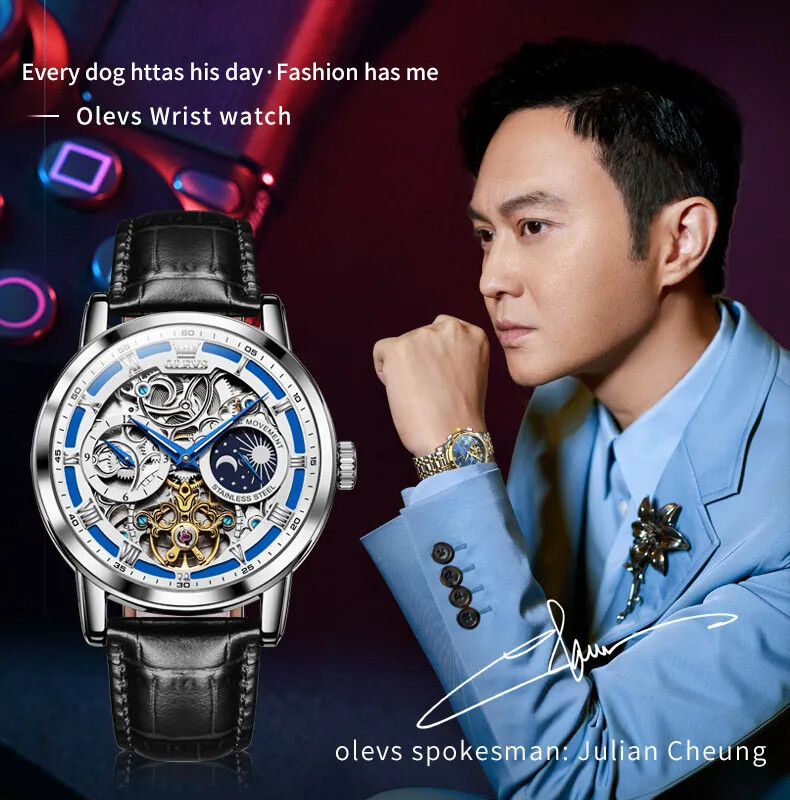 OLEVS Skeleton Self-Wind Automatic Mechanical Men’s Watch Leather Moon Phase