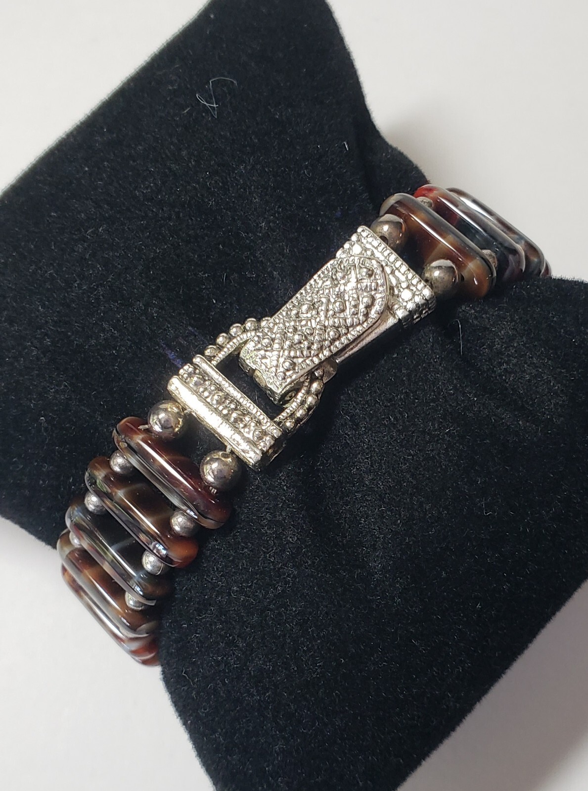 Brown Stone Beaded Small Bracelet with silver tone beads and clasp 6.5 in