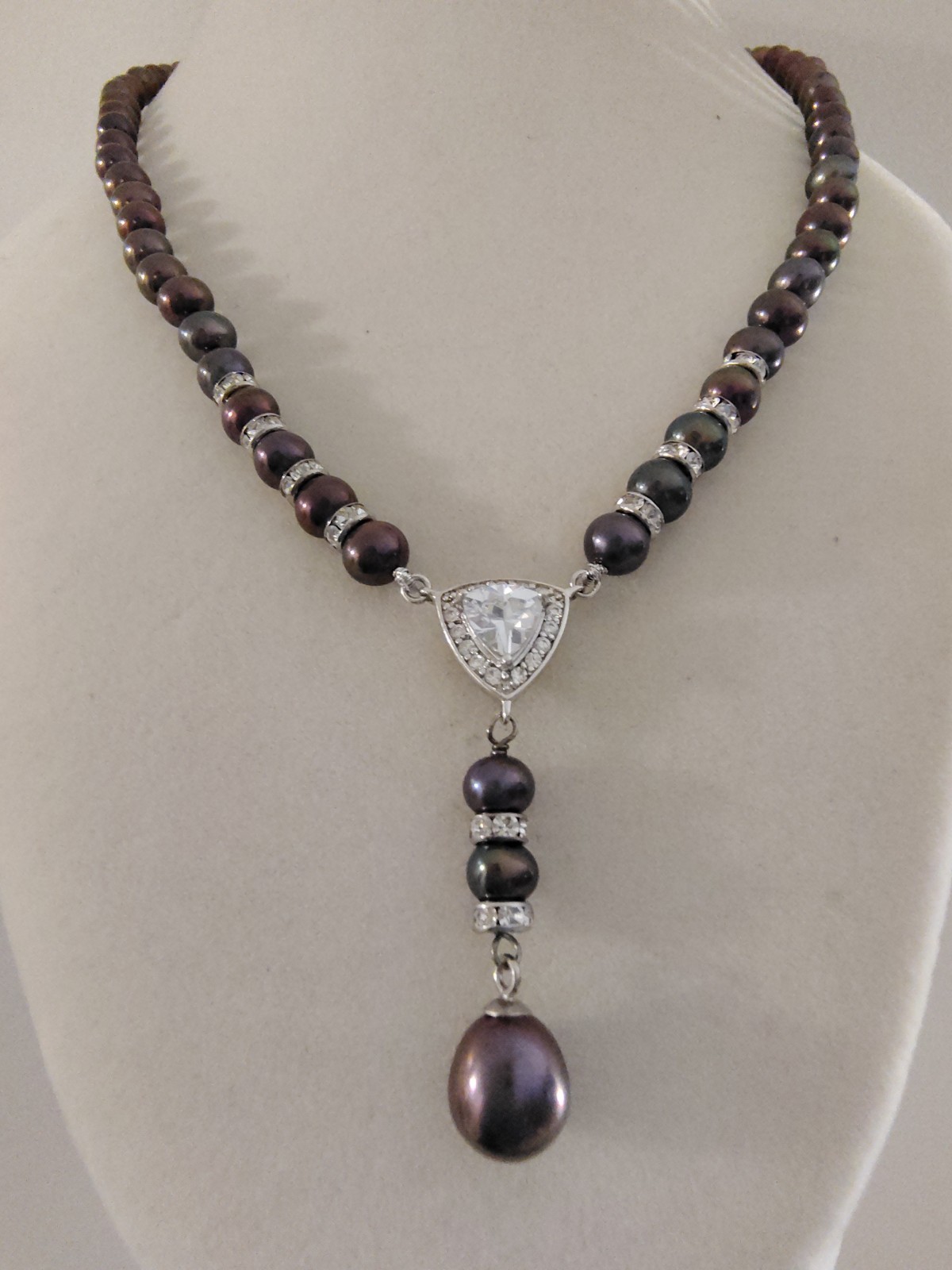 Danbury Mint Peacock Black Pearl Trillion CZ Y Drop Necklace 18″ + 2″ Extender