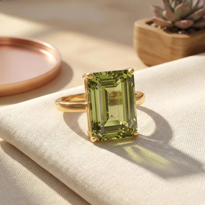 5Ct Emerald Cut Natural Peridot Solitaire Wedding Ring 14K Yellow Gold Size 5 6
