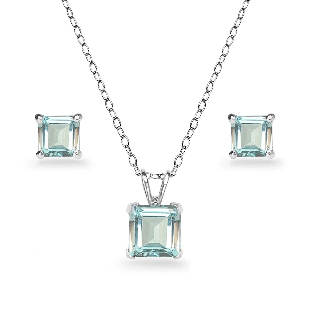 Princess-Cut Solitaire Aquamarine Necklace & Stud Earrings Set in 925 Silver