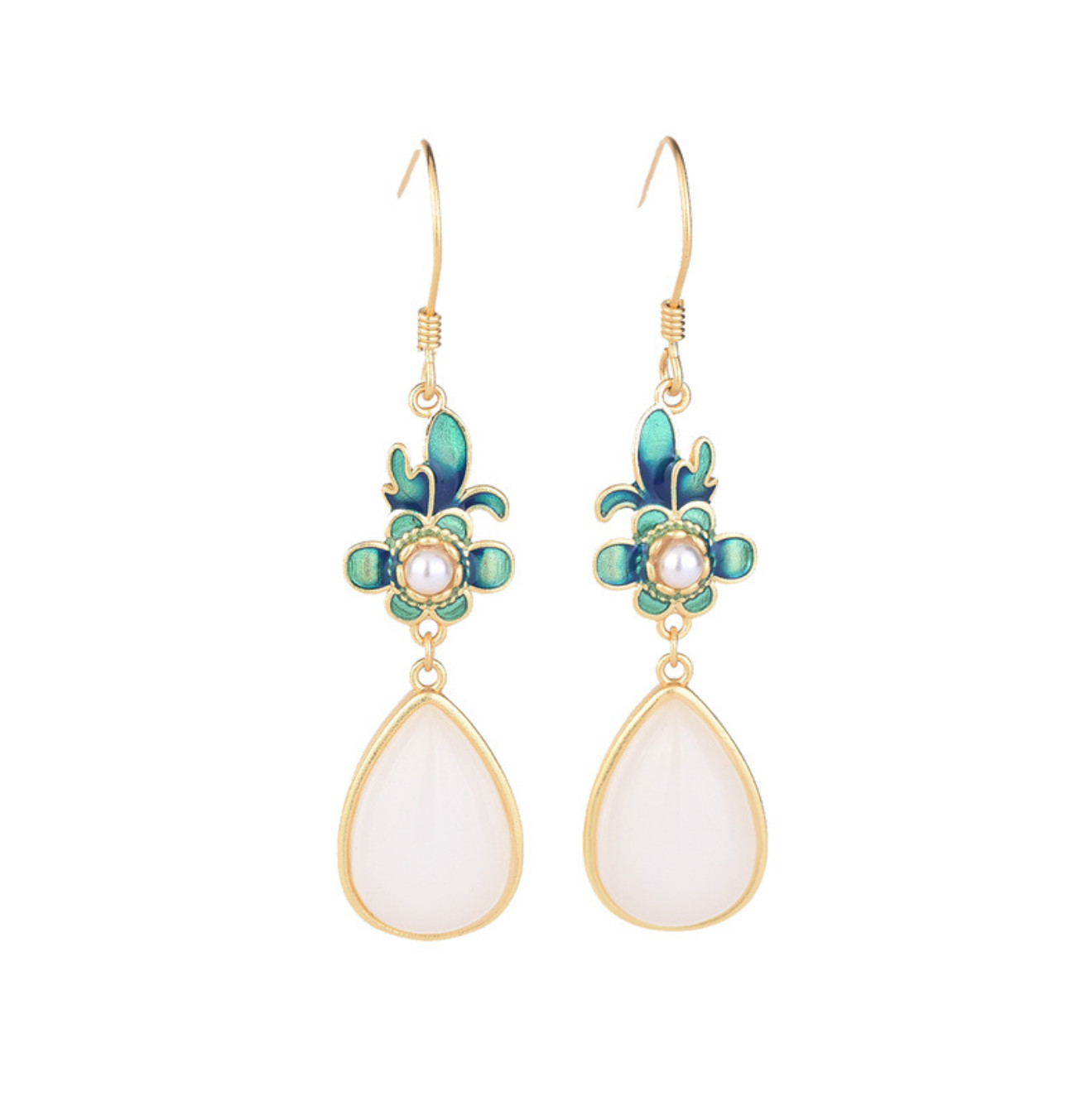 Jade Drop Dangle Earrings Flowers Cloisonne Bohemian Ear Hook 18K Gold Plated