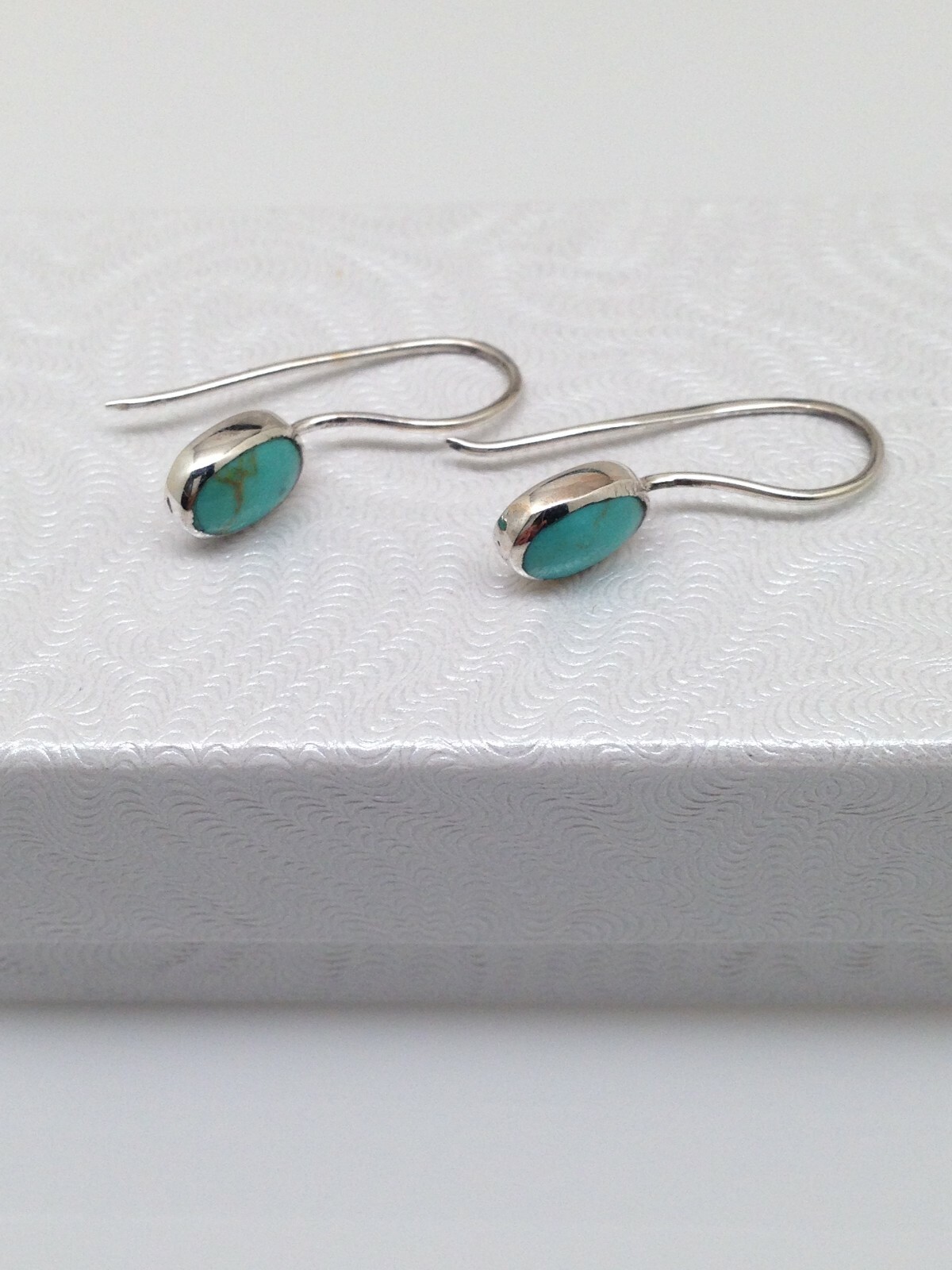 925 Sterling Silver Oval Turquoise Dangle Earrings Tiny Dainty Turquoise 7.5mm