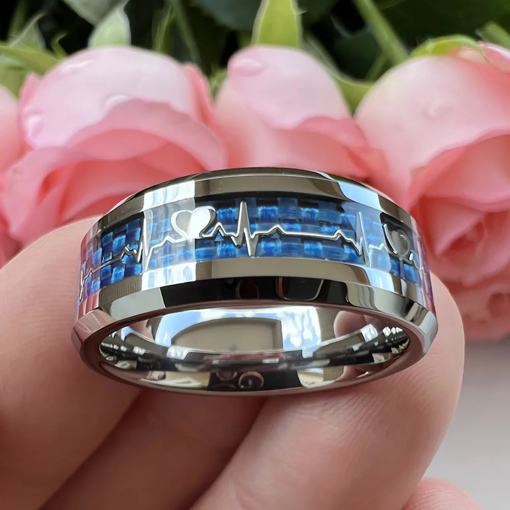 8mm Carbon Fiber Heart Inlay Tungsten Carbide Wedding Band Ring Men Jewelry