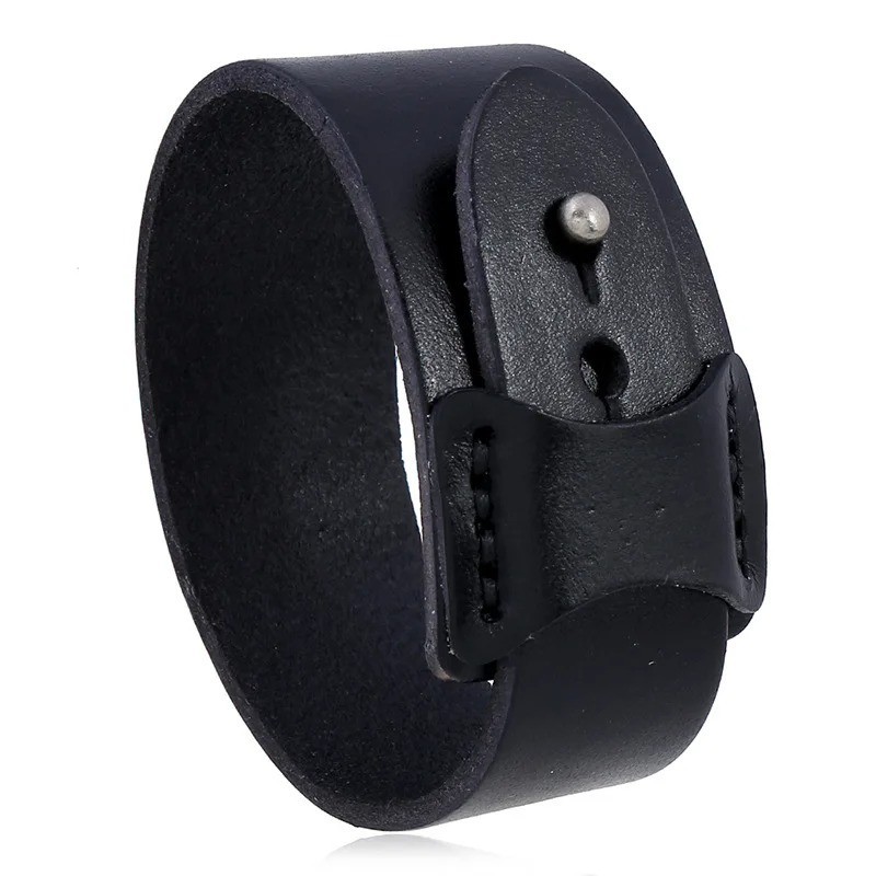 VOQ Punk Geometric Design Black with Brown Genuine Leather Wristband Cuff.