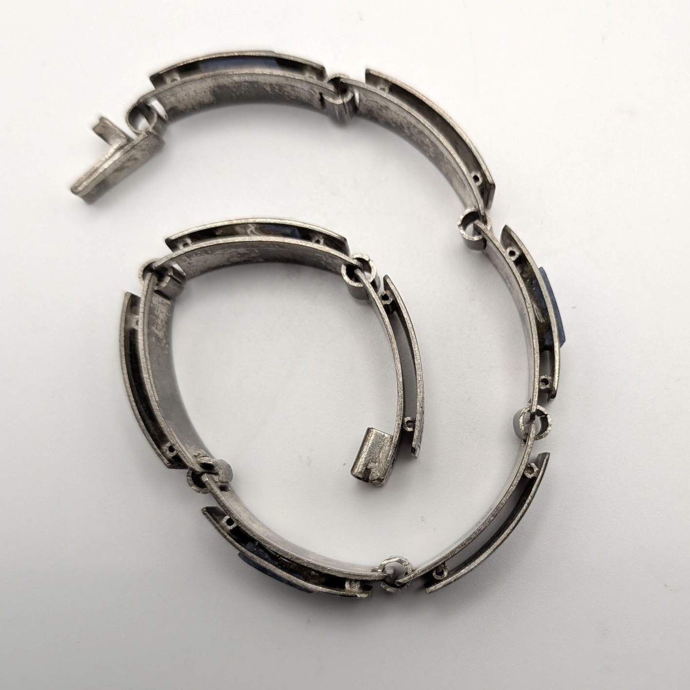 Vintage Peru 950 Silver Sodalite Link Bracelet Pre-Columbian Inca Relief 7 Inch