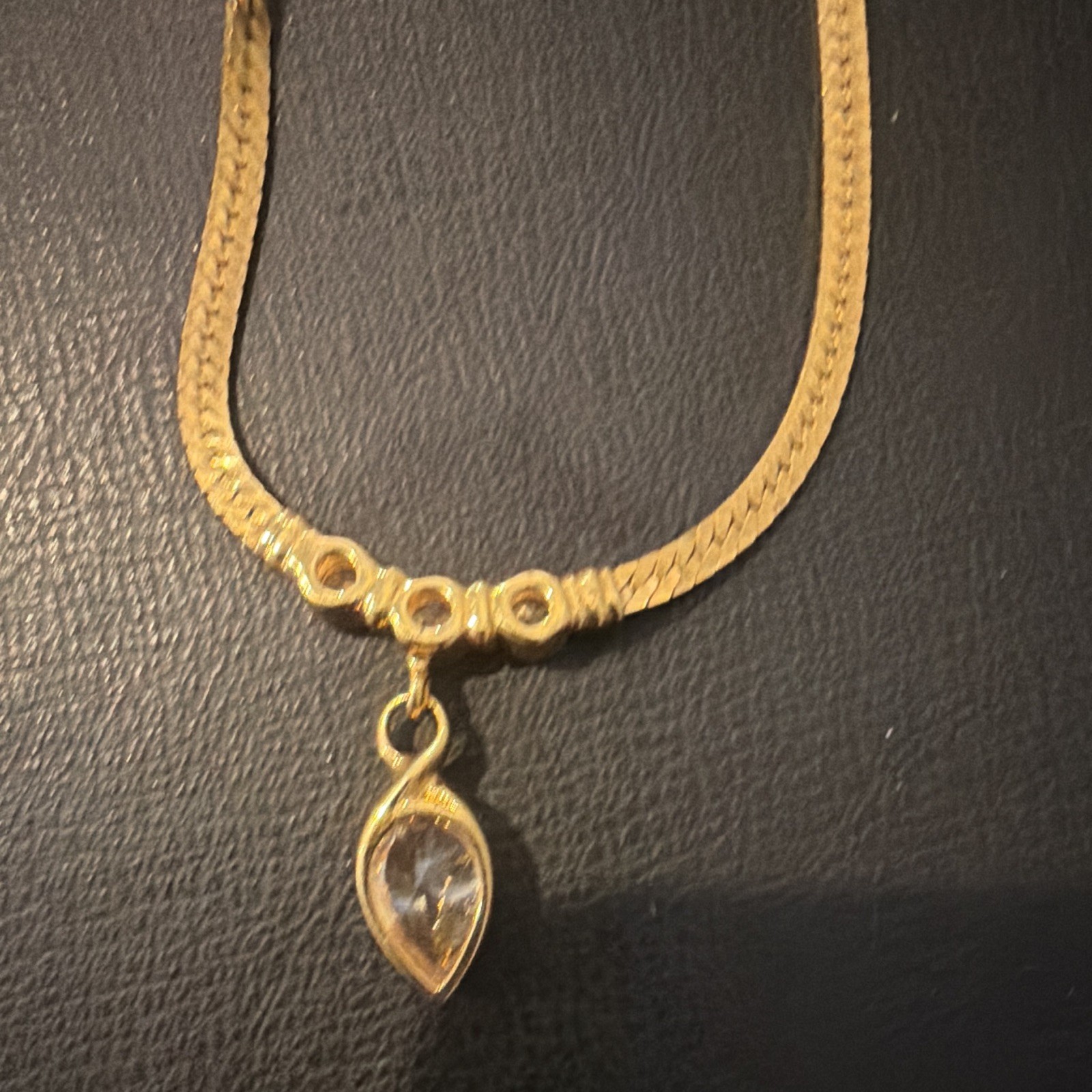 Yellow Gold chip Signed Herringbone Necklace Teardrop Clear Bezel Choker charm.