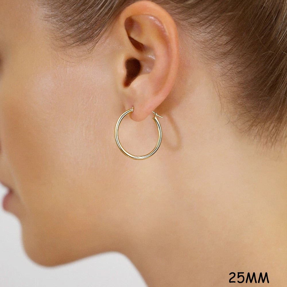 14K Real Solid Yellow Gold Shiny Polished Round Creole Hoop Earrings All Sizes