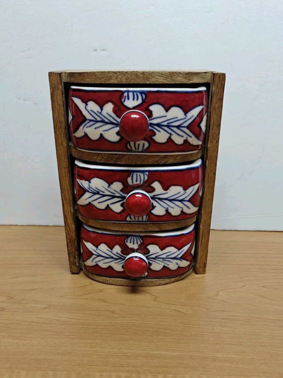 Gorgeous World Market Red Ceramic and Wood 3 Drawer Trinket Spice Box 5″ X5″X7″