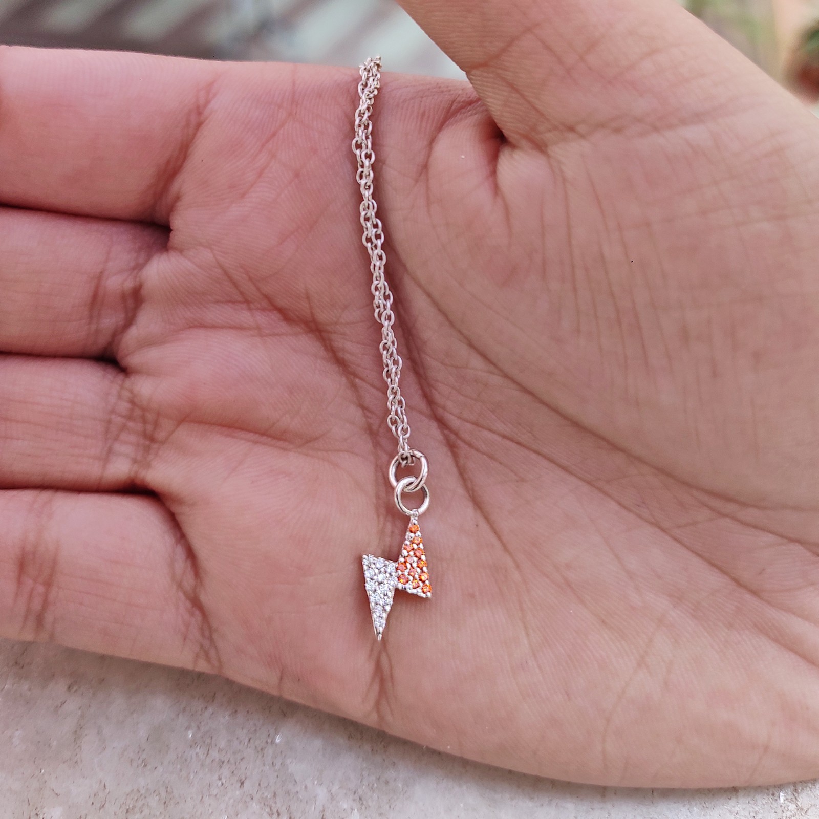 Orange Sapphire Lightning Bolt Charm Pendant Two Tone Sterling Silver Jewelry