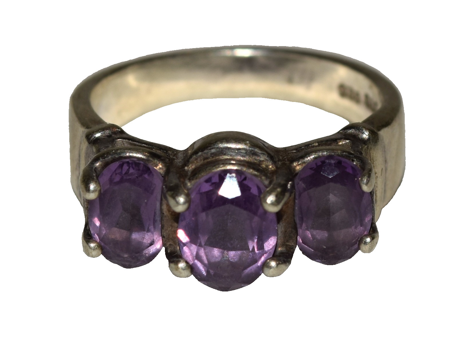 Vintage Signed UTC Amethyst 3 Oval Stones Sterling Silver Ring 5.3 Gram Size 6