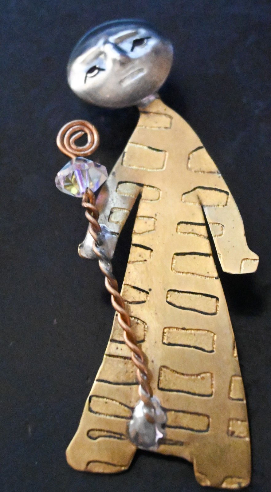 R.L. Thomas Signed 1994 Mixed Metal Figural Brooch Brass Copper Crystal Art Pin