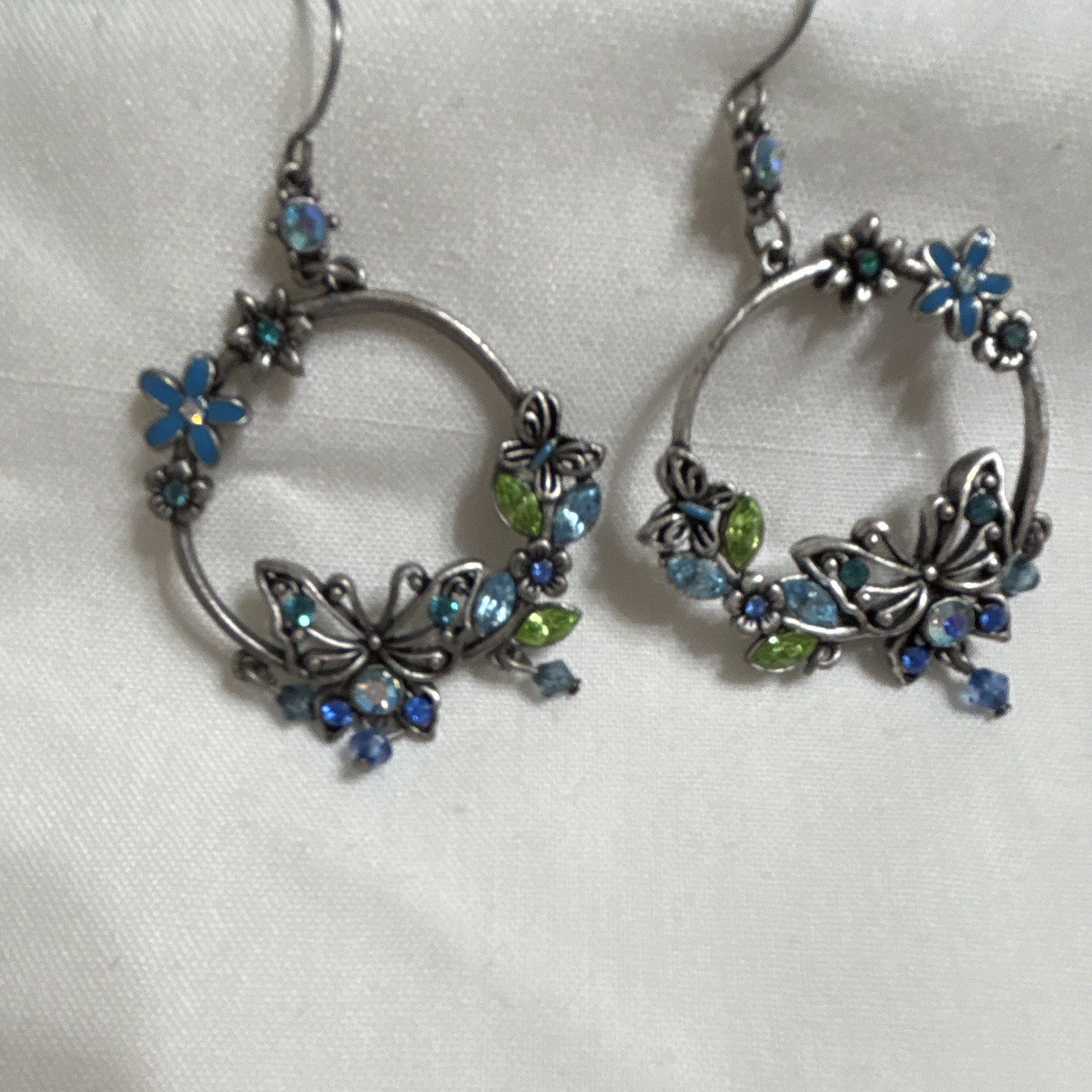 Silver Tone Butterfly Floral Hoop Dangle Hook Earrings Blue Green Crystals