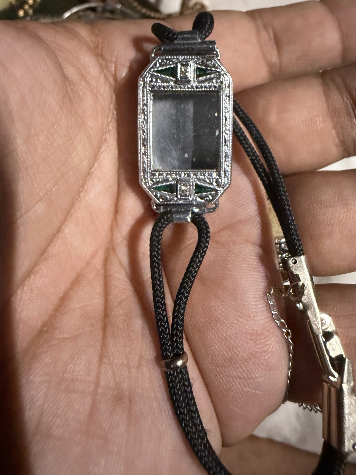 Benrus Art Deco 14K White Gold Filled Manual Wind Rectangle 17J Black Strap