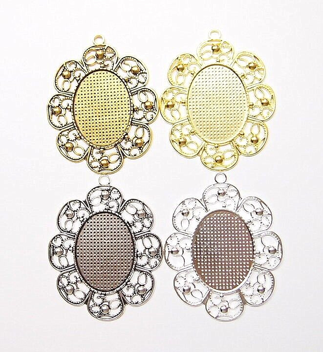 4 Colors of 40x30mm Flowered Pendant Settings for Cameos, Cabs, Glass Very Nice